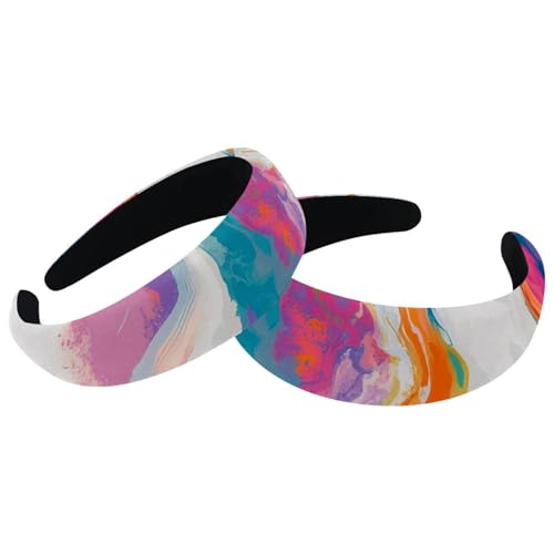 RODAILYCAY Gepolsterte Stirnbänder, buntes Marmor-Texturmuster, modisch, dick, breit, Haarbänder für Damen und Mädchen, Samt-Haarreifen, Haar-Accessoires, 2 Packungen von RODAILYCAY
