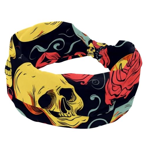 RODAILYCAY Skelett-Schädel-Stirnbänder für Damen, Workout, gedrehte Knoten-Stirnbänder, dehnbare Haarbänder, rutschfest, Yoga, Sport, Turban von RODAILYCAY
