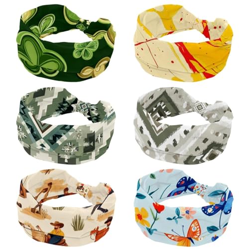 RODAILYCAY Stirnbänder für Damen, gelb, rot, Marmor, Textur, Muster, dehnbar, breit, weiches Haarband für Yoga, Workout, Sport, Laufen, Reisen, Haarschmuck, 6 Stück von RODAILYCAY
