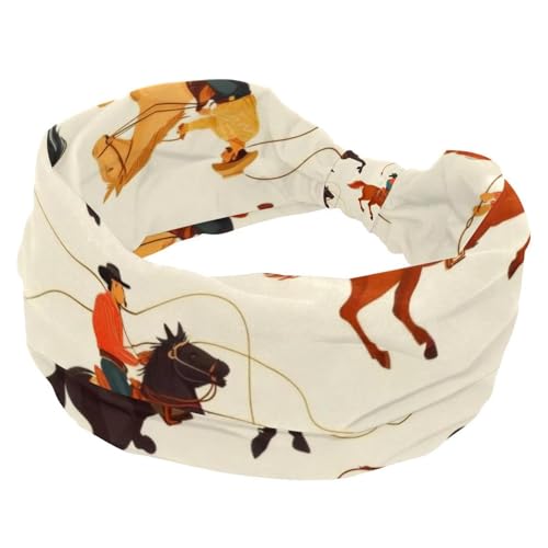 RODAILYCAY Wilder Westen Cowboys mit Pferden Rodeo Vintage Damen Stirnbänder Twisted Cross Haarband Weiche Schweißhaarbänder Elastisch Breit Stirnband Haarschmuck von RODAILYCAY