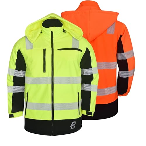 RODOPI Softshell Warnschutzjacke Canada - Wasserdicht & Atmungsaktiv - Für Herren & Damen, Gr. S-XXXL - EN ISO 20471:2013, Reflektierende 3M Scotchlite Streifen - Arbeitsjacke in Neon Gelb & Orange von RODOPI