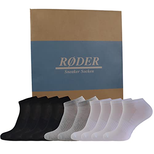 RØDER 10 Paar Sneaker Socken Damen & Herren Schwarz & Weiß Grau Baumwolle Weich & Elastisch - Keine Naht - Kurze Socken Sneakersocken (39-42, Mix(4xSchwarz/4xWeiß/2xGrau) von RØDER