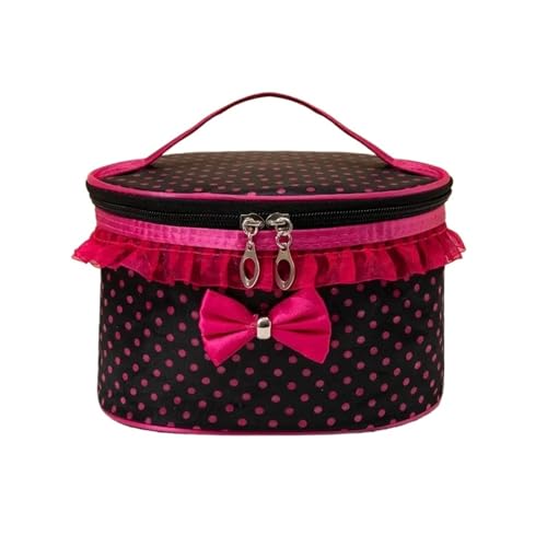 Große Reise-Make-up-Tasche mit Reißverschluss, tragbarer Kosmetik-Organizer mit Griff Oben, Punktedruck und Schleifen-Spitzen-Dekor, schwarzer Make-up-Halter von ROEUIPG