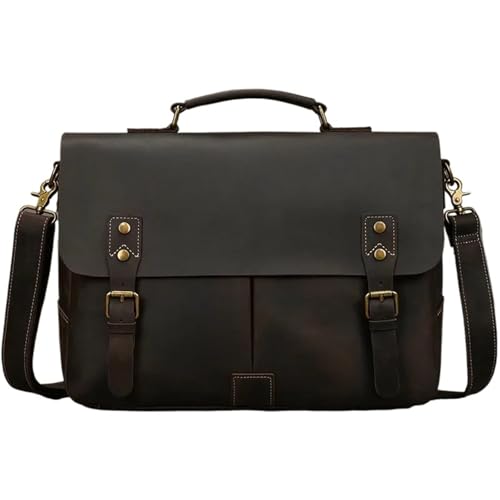 ROEUIPG Herren Aktentasche aus echtem Leder A4 Datei Dokument Handtasche männlich Laptop Schultertasche Business Computer Tasche(Dark Brown (37cm)) von ROEUIPG