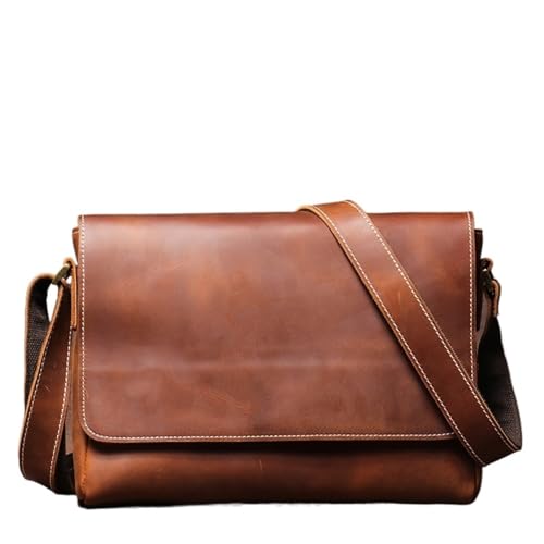 ROEUIPG Vintage Herren Umhängetasche aus echtem Leder Schultertasche einfache Klappe Rindsleder Messenger Bags(Brown) von ROEUIPG