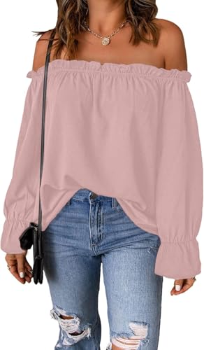 ROFUSSO Bluse Schulterfrei Damen Elegant Langarm Bluse Off Shoulder Langarm Oberteil Festliche Oberteil für Party Outfit(Rosa,L) von ROFUSSO