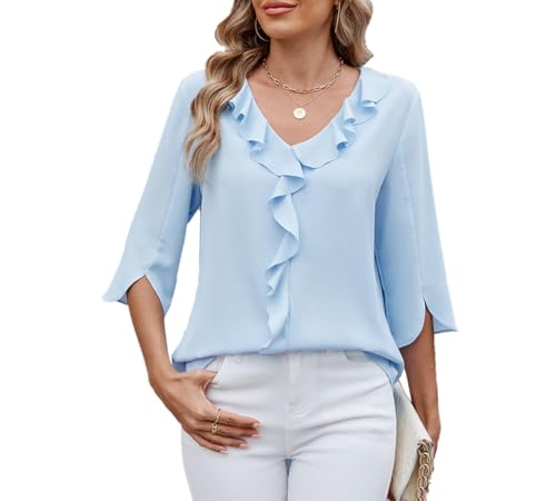 ROFUSSO Damen Bluse Elegant Langarm Oberteile Business Bluse 3/4-Ärmel V-Ausschnitt Ruffle Tops Sommer Casual Bluse(Blau,L) von ROFUSSO