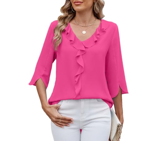 ROFUSSO Damen Bluse Elegant Langarm Oberteile Business Bluse 3/4-Ärmel V-Ausschnitt Ruffle Tops Sommer Casual Bluse(Rosa,XL) von ROFUSSO