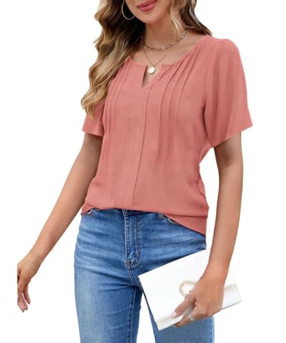 ROFUSSO Damen Bluse Kurzarm Oberteile Sommer V Ausschnitt Oberteile Elegant Kurzarm Top Casual Business Blusen(Dunkelrosa,XL) von ROFUSSO