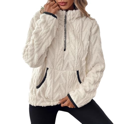 ROFUSSO Damen Flauschig Pullover Teddy Fleecepullover Winter Freizeit Sweatshirt Warm Sherpa Pullover mit Taschen(Weiß,XXL) von ROFUSSO