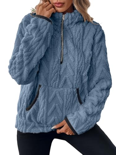ROFUSSO Damen Fleece Sweatshirt Teddy Fleecepullover Winter Oversize Sweatshirt Warm Plüschjacke mit Taschen(Blau,XL) von ROFUSSO