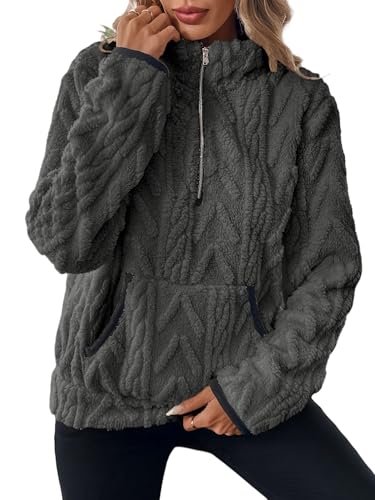 ROFUSSO Damen Fleece Sweatshirt Teddy Fleecepullover Winter Oversize Sweatshirt Warm Plüschjacke mit Taschen(Dunkelgrau,S) von ROFUSSO