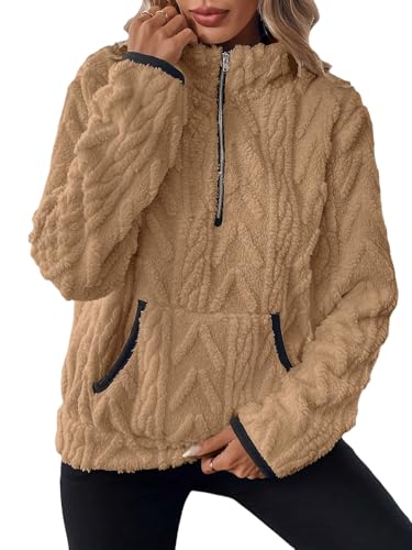 ROFUSSO Damen Fleece Sweatshirt Teddy Fleecepullover Winter Oversize Sweatshirt Warm Plüschjacke mit Taschen(Khaki,L) von ROFUSSO