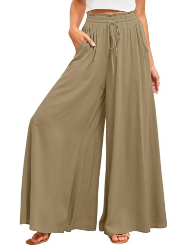 ROFUSSO Damen Hose mit Weitem Bein Casual Leichte Palazzo Hose Freizeithose Hohe Taille Elastisch Sommerhose Elegante Einfarbig Stoffhose mit Taschen Kordelzug von ROFUSSO
