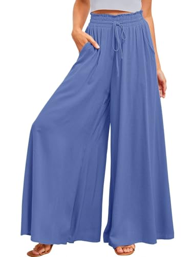 ROFUSSO Damen Hose mit Weitem Bein Casual Leichte Palazzo Hose Freizeithose Hohe Taille Elastisch Sommerhose Elegante Einfarbig Stoffhose mit Taschen Kordelzug von ROFUSSO