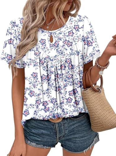ROFUSSO Damen Kurzarm Bluse Sommer Casual T Shirt Elegant Blumen Kurzarm Oberteile Lässig Basic Tunika Blusen Top(Blau,XXL) von ROFUSSO