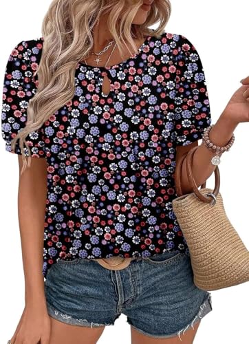 ROFUSSO Damen Kurzarm Bluse Sommer Casual T Shirt Elegant Blumen Kurzarm Oberteile Lässig Basic Tunika Blusen Top(Schwarz,XL) von ROFUSSO