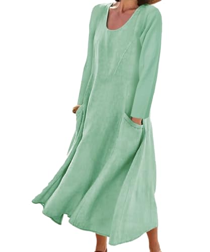 ROFUSSO Damen Langarm Baumwolle Kleid Lässiges Maxikleid mit Rundhalsausschnitt und lockerer Passform von ROFUSSO