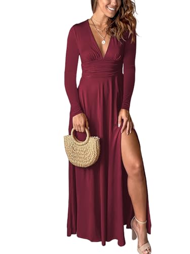ROFUSSO Damen Langarm Maxikleider V-Ausschnitt Abendkleider Elegant Hohem Schlitz Lange Cocktailkleid Wickelkleid Festlich Kleid (Burgunderrot,XL) von ROFUSSO