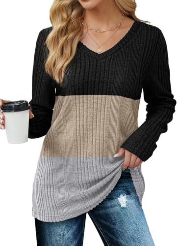 ROFUSSO Damen Leichte Strickpullover V-Ausschnitt Langarmshirt Lässige Langarm Pullover Herbst Tunika Top(A-Farbblock,XXL) von ROFUSSO