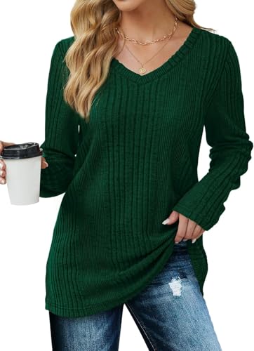 ROFUSSO Damen Leichte Strickpullover V-Ausschnitt Langarmshirt Lässige Langarm Pullover Herbst Tunika Top(Dunkelgrün,XL) von ROFUSSO
