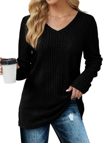 ROFUSSO Damen Leichte Strickpullover V-Ausschnitt Langarmshirt Lässige Langarm Pullover Herbst Tunika Top(Schwarz,S) von ROFUSSO