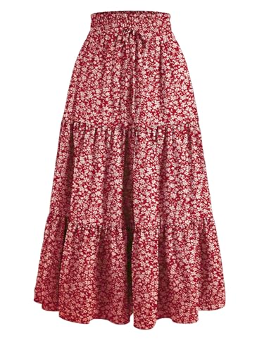 ROFUSSO Damen Midirock Elegant Blumen Rock Hohe Taille A-Linie Röcke Sommer Strandrock Freizeitrock Einfarbig Rock(A-Rot,L) von ROFUSSO