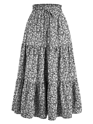 ROFUSSO Damen Midirock Elegant Blumen Rock Hohe Taille A-Linie Röcke Sommer Strandrock Freizeitrock Einfarbig Rock(A-Schwarz,L) von ROFUSSO