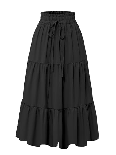 ROFUSSO Damen Midirock Elegant Blumen Rock Hohe Taille A-Linie Röcke Sommer Strandrock Freizeitrock Einfarbig Rock(B-Schwarz,L) von ROFUSSO