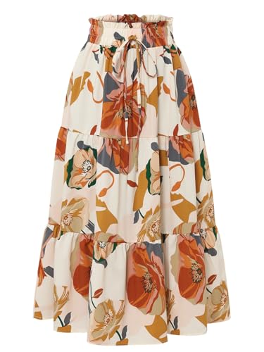 ROFUSSO Damen Midirock Elegant Blumen Rock Hohe Taille A-Linie Röcke Sommer Strandrock Freizeitrock Einfarbig Rock(C-Beige,M) von ROFUSSO