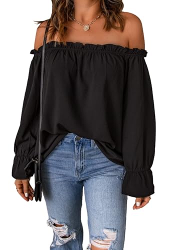 ROFUSSO Damen Oberteile Elegant Langarm Schulterfrei Oberteil Off Shoulder Langarmshirt Lässige Langarm Blusen Tuniken von ROFUSSO