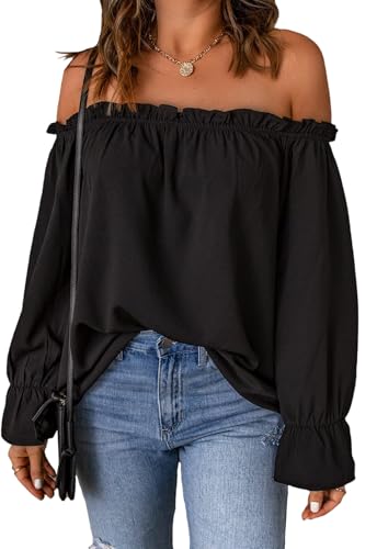 ROFUSSO Damen Oberteile Elegant Langarm Schulterfrei Oberteil Off Shoulder Langarmshirt Lässige Langarm Blusen Tuniken von ROFUSSO
