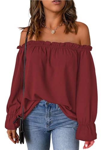 ROFUSSO Damen Oberteile Elegant Langarm Schulterfrei Oberteil Off Shoulder Langarmshirt Lässige Langarm Blusen Tuniken von ROFUSSO