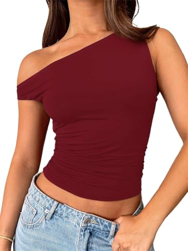 ROFUSSO Damen Schulterfrei Oberteil One Shoulder Top Sommer Crop Tank Top Ärmellos Slim Enge Shirts Y2K Tops(Burgunderrot,S) von ROFUSSO