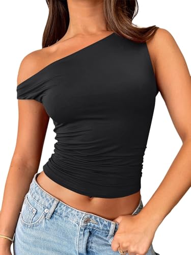 ROFUSSO Damen Schulterfrei Oberteil One Shoulder Top Sommer Crop Tank Top Ärmellos Slim Enge Shirts Y2K Tops(Schwarz,L) von ROFUSSO