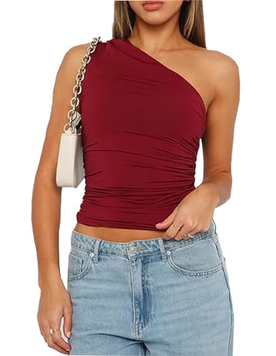 ROFUSSO Damen Sommer Tank Top Sexy Asymmetric Ärmellos Oberteil Y2K Slim Enge Shirts Eine Schulter Crop Tops Trendiges Basic Solid Cami Top von ROFUSSO