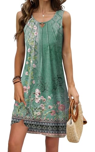 ROFUSSO Sommerkleid Damen Ärmellos Freizeitkleider Sommer Leichte Kleider Blumen Knielang Trägerkleid Casual Strandkleid(Grün,L) von ROFUSSO