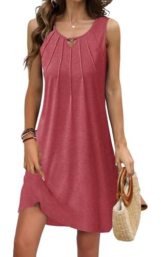 ROFUSSO Sommerkleid Damen Ärmellos Freizeitkleider Sommer Leichte Kleider Blumen Knielang Trägerkleid Casual Strandkleid(Rot,XXL) von ROFUSSO