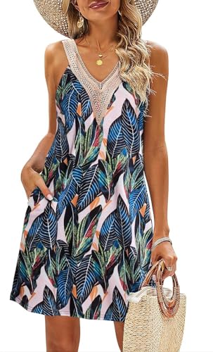 ROFUSSO Damen Sommerkleider Boho Strandkleid Ärmellos Blumen Tank Kleid Casual V-Ausschnitt Swing Knielang Midikleid Freizeit Bohemian Trägerkleid mit Taschen von ROFUSSO