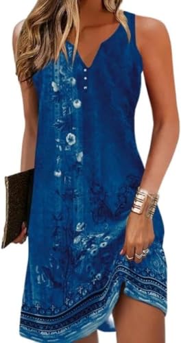 ROFUSSO Damen Sommerkleider Boho Strandkleid Lässig Ärmellos Tankkleid Elegant Bohemian Trägerkleid V-Ausschnitt Blumen Minikleid S-2XL von ROFUSSO