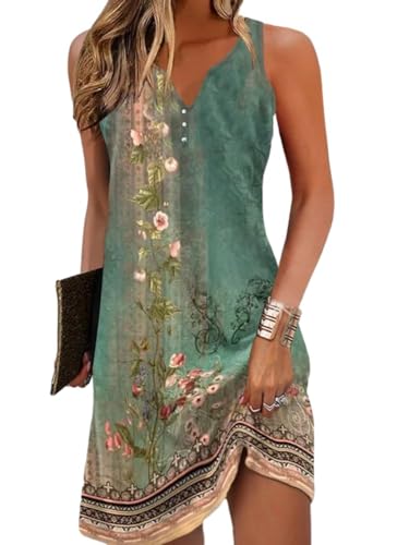 ROFUSSO Damen Sommerkleider Boho Strandkleid Lässig Ärmellos Tankkleid Elegant Bohemian Trägerkleid V-Ausschnitt Blumen Minikleid S-2XL von ROFUSSO