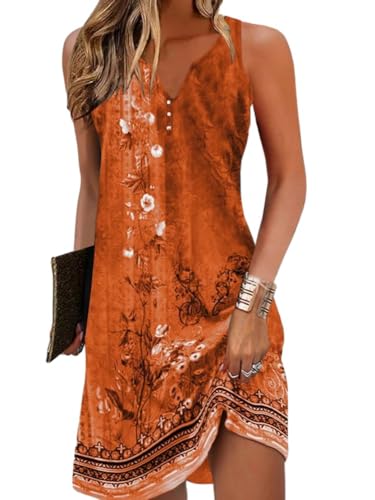 ROFUSSO Damen Sommerkleider Boho Strandkleid Lässig Ärmellos Tankkleid Elegant Bohemian Trägerkleid V-Ausschnitt Blumen Minikleid S-2XL von ROFUSSO