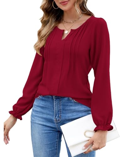 ROFUSSO Damen Bluse Elegant Langarm Oberteile V Ausschnitt Casual Business Langarmshirt Blusen für Frühling und Herbst (Burgunderrot,L) von ROFUSSO