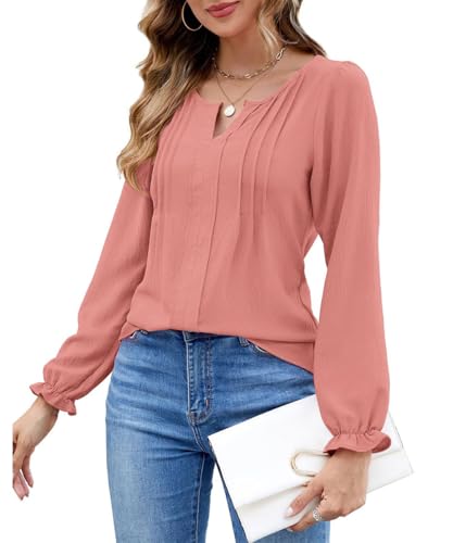 ROFUSSO Damen Bluse Elegant Langarm Oberteile V Ausschnitt Casual Business Langarmshirt Blusen für Frühling und Herbst(Dunkelrosa,S) von ROFUSSO