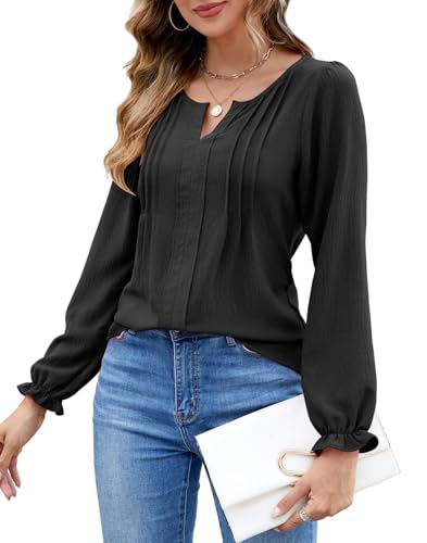 ROFUSSO Damen Bluse Elegant Langarm Oberteile V Ausschnitt Casual Business Langarmshirt Blusen für Frühling und Herbst (Schwarz,XL) von ROFUSSO