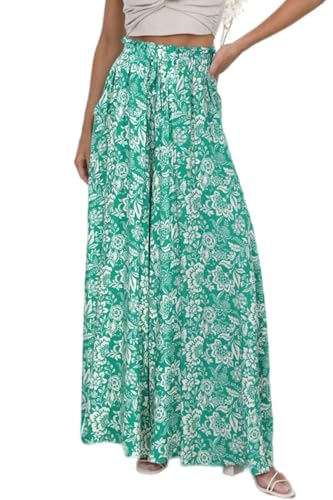ROFUSSO Damen Weite Sommerhos Casual Leichte Palazzo Hose Freizeithose Hohe Taille Elastisch Sommerhose Elegante Einfarbig Stoffhose mit Taschen Kordelzug(A-Grün,L) von ROFUSSO