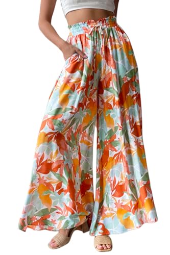 ROFUSSO Damen Weite Sommerhos Casual Leichte Palazzo Hose Freizeithose Hohe Taille Elastisch Sommerhose Elegante Einfarbig Stoffhose mit Taschen Kordelzug(A-Rot,XL) von ROFUSSO