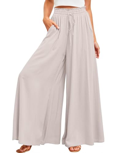 ROFUSSO Damen Weite Sommerhos Casual Leichte Palazzo Hose Freizeithose Hohe Taille Elastisch Sommerhose Elegante Einfarbig Stoffhose mit Taschen Kordelzug(Aprikose,XXL) von ROFUSSO