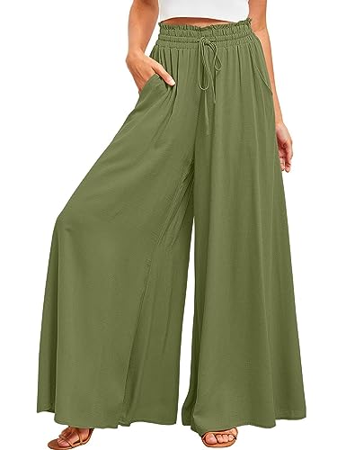 ROFUSSO Damen Weite Sommerhos Casual Leichte Palazzo Hose Freizeithose Hohe Taille Elastisch Sommerhose Elegante Einfarbig Stoffhose mit Taschen Kordelzug(Dunkelgrün,XXL) von ROFUSSO