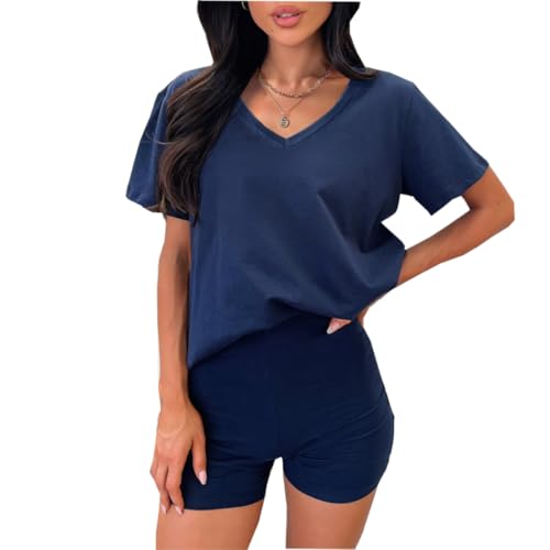 ROFUSSO Damen Zweiteiler Basic T-Shirt und Shorts Set V-Ausschnitt Kurzarm Tops Damen Sommer Hausanzug Kurz Lounge Set Workout Sport Anzug Streetwearsuit(Dunkelblau,L) von ROFUSSO
